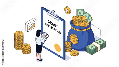 Businesswoman filling out a grant application form next to a large bag of money and stacks of gold coins for financial funding.