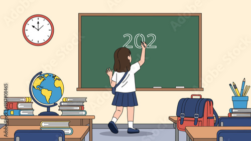 Young school girl in a uniform writing numbers on a chalkboard in a classroom setting with books, globe, and backpack nearby.