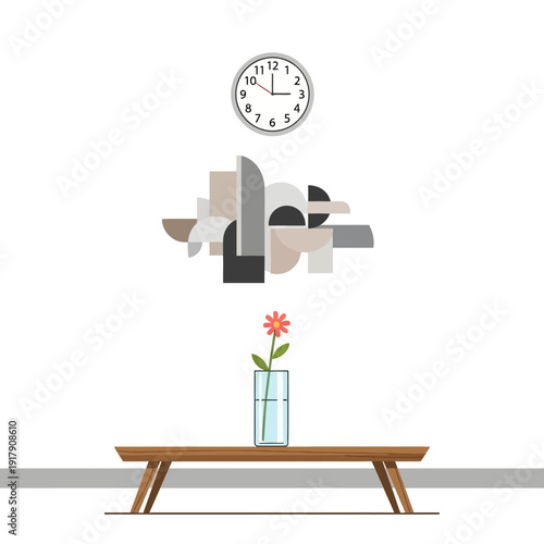 Modern geometric wall art above a single flower in a vase on a wooden bench