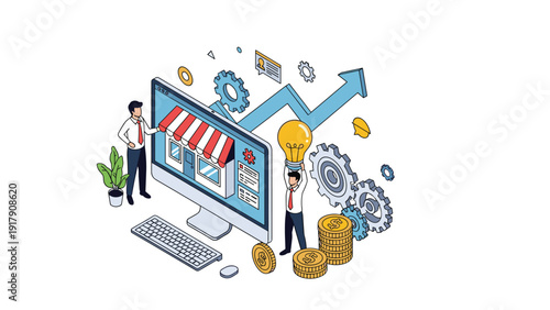 Business professionals managing an online shop on a computer monitor with gears and a rising arrow indicating financial growth.