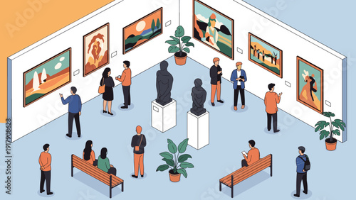 Diverse group of people admiring paintings and sculptures in a modern white wall art gallery during an exhibition event.