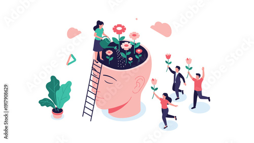Woman on a ladder watering flowers growing inside a large human head while others celebrate with colorful blossoms in their hands.