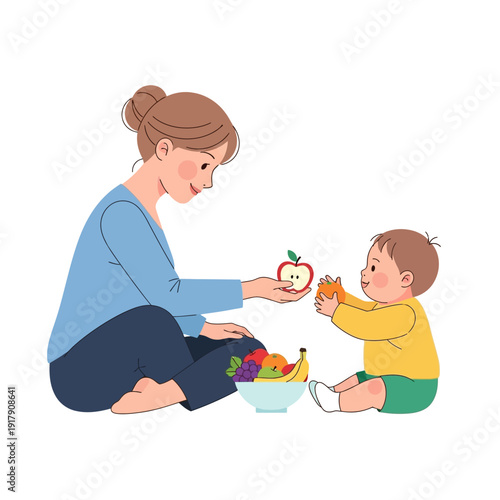 Mother feeding baby an apple, healthy food, family bonding, organic fruits, happy moment