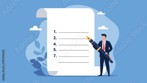 Professional businessman holding a giant pen and standing next to a long paper scroll with a numbered checklist of tasks.