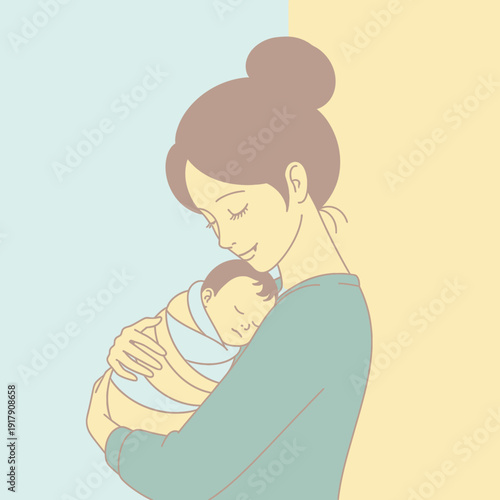 Mother holding her sleeping baby close, tender moment of love and care, gentle embrace