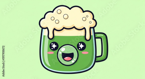 Green Beer Mug with Cartoon Face and Foam on Light Green Background