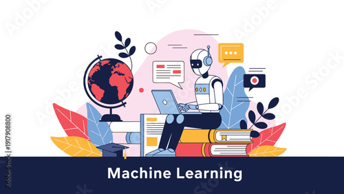 Intelligent robot sitting on a stack of books and using a laptop to illustrate the concept of machine learning and artificial intelligence.