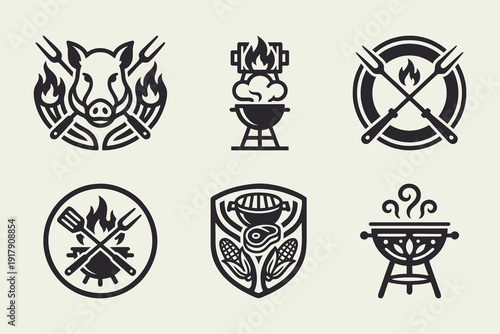 Retro Barbecue and Grill Emblem Icon Collection