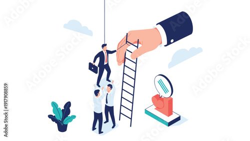 Large corporate hand assisting three businessmen as they climb a high ladder towards the sky representing support and mentorship.