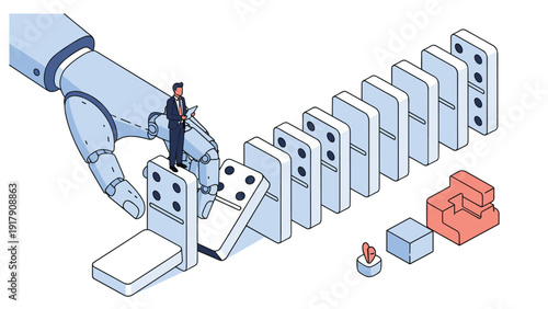 Businessman standing on a large falling domino while a robotic hand intervenes to prevent a chain reaction in a complex system.