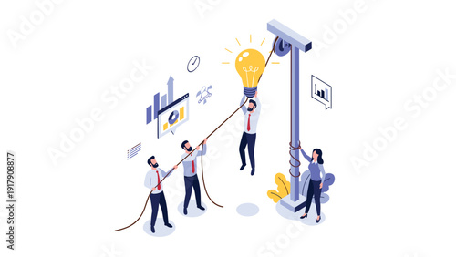 Business team working together to lift a giant glowing light bulb using a pulley system representing collective innovation and effort.