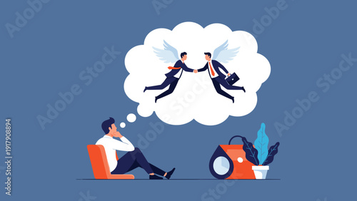 Businessman sitting and thinking about two flying business professionals with wings shaking hands in a bright thought bubble.