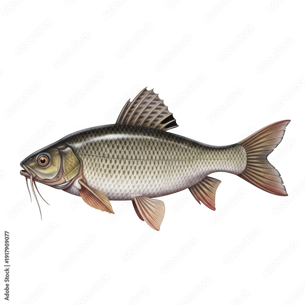 Obraz premium Vintage common carp illustration, realistic freshwater fish drawing with detailed scales, antique style carp isolated on white background