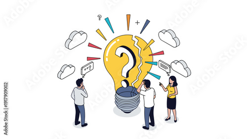 Business people brainstorming ideas while looking at giant broken lightbulb with question mark for problem solving.