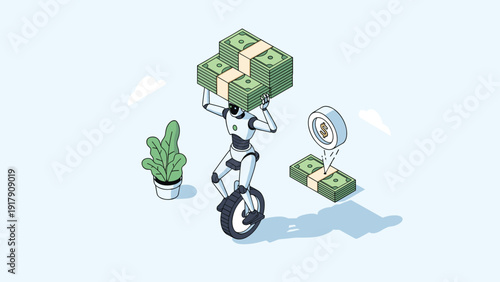 Robotic automation balancing heavy stacks of cash while riding unicycle representing financial efficiency and risk.