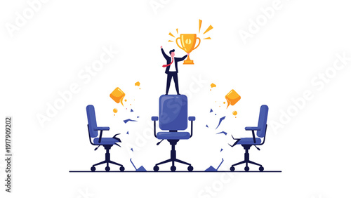 Successful businessman standing on office chair holding large gold trophy cup for career victory and professional achievement.