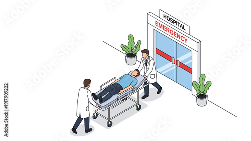Professional medical team of doctors rushing male patient on wheeled stretcher into hospital emergency room entrance for treatment.