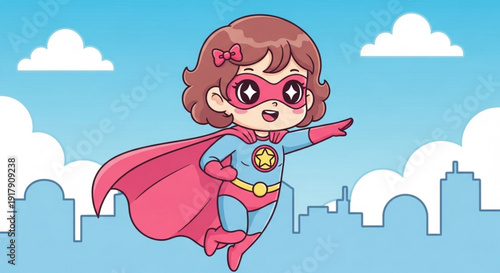 Little Girl Superhero Flying Over City Skyline