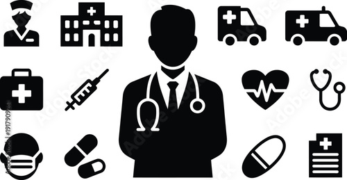 Healthcare and medical icons set, doctor, hospital, ambulance, syringe, heart, stethoscope, pills