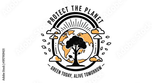 Environmental protection logo, Protect the Planet emblem. Includes eco friendly, green today, alive tomorrow symbols. Created in vintage style with black, orange, and white palette.