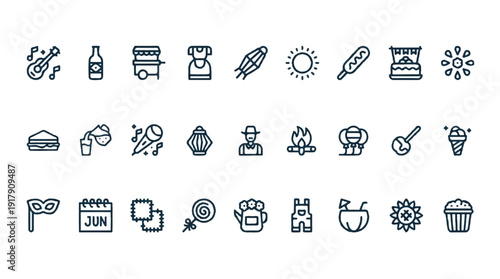 Summer vacation icons set with food drink music and activities