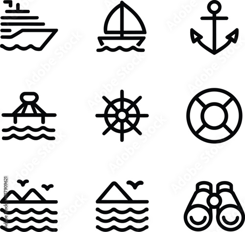 Nautical and maritime line icons set, ship, boat, anchor, buoy, helm, lifebuoy, sea, binoculars