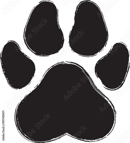 Minimalist black animal paw print silhouette with hand-drawn distressed edges for rustic pet branding