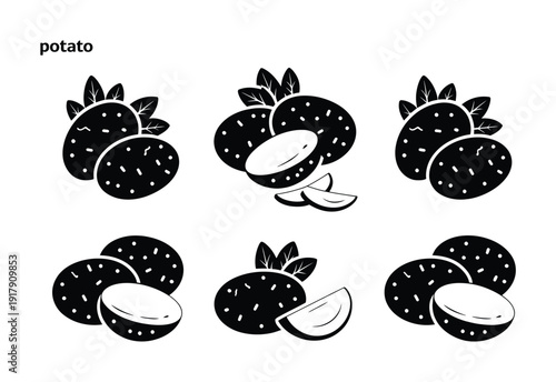 Black and White Potato with Leaves and Slices