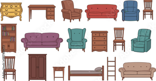 Home Furniture Icon Set with Sofa, Armchair, Bed, Table, Cabinet, Shelf, and Living Room Interior Vector Illustration Elements