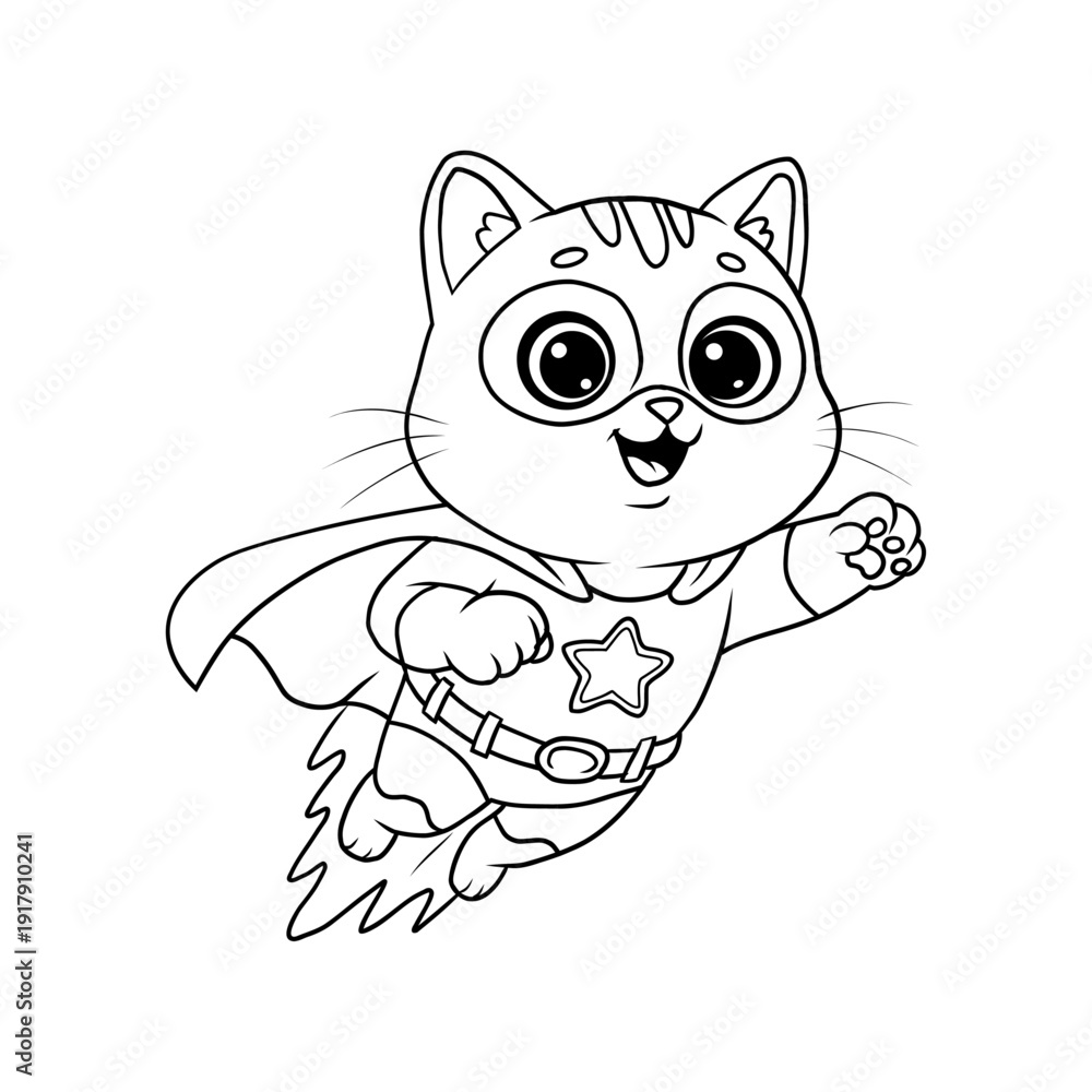 Obraz premium Preschool Animal Coloring Sheet - Supercat Hero in Flight Illustration