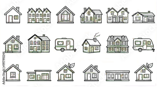various house and trailer illustrations in different architectural styles and designs