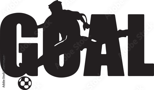 A dynamic black silhouette of a soccer player scoring a goal