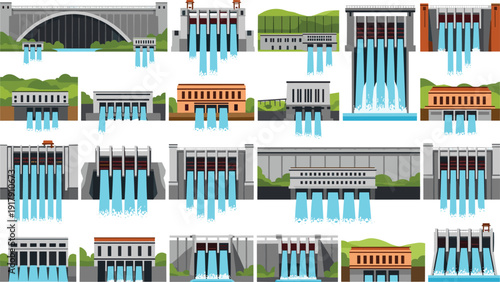 Hydroelectric Dam Vector Set Featuring Power Plant Structures, Water Spillways, Reservoirs, and Renewable Energy Infrastructure Designs