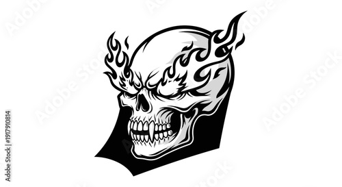 Flaming Skull Illustration with Menacing Expression.