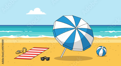 Blue and White Beach Umbrella on Sand.