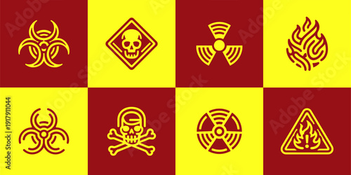 Icon Set Vector of 8 Bold Red Yellow Hazard Symbols
