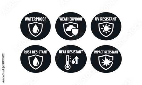 2x3 grid on white background six separate flat vector badges badge solid black circle with the text minimal good look design good for package business info about product consistent style