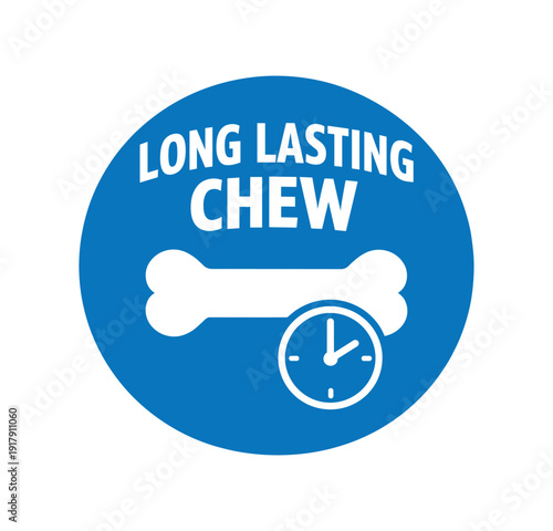 Flat vector badge LONG LASTING CHEW simple white chew bone with clock icon minimal good look design good for package business info about product
