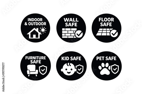 2x3 grid on white background six separate flat vector badges badge solid black circle with the text minimal good look design good for package business info about product consistent style