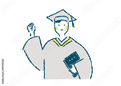 アカデミックガウンを着てガッツポーズする男性の上半身イラスト