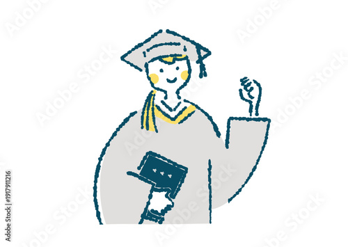 アカデミックガウンを着てガッツポーズする女性の上半身イラスト