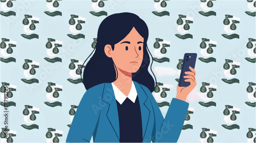 Woman in blue blazer looking at her smartphone with a concerned expression surrounded by money and hands