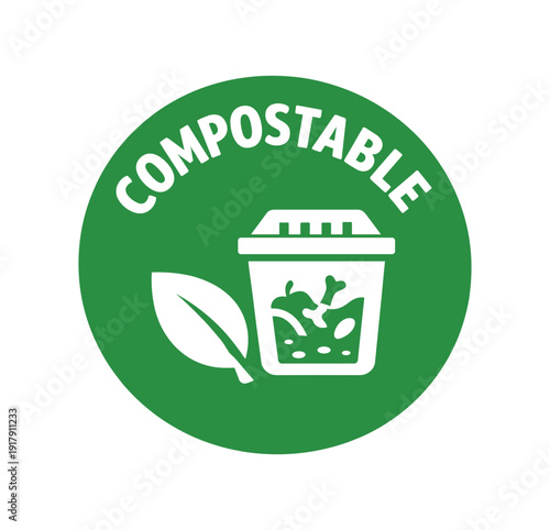 Flat vector badge COMPOSTABLE simple white leaf with compost bin minimal good look design good for package business info about product