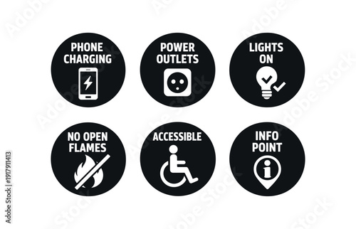 2x3 grid on white background six separate flat vector badges badge solid black circle with the text minimal good look design good for package business info about product consistent style