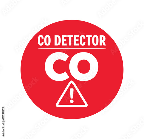 Flat vector badge CO DETECTOR simple white CO letters with alert triangle minimal good look design good for package business info about product