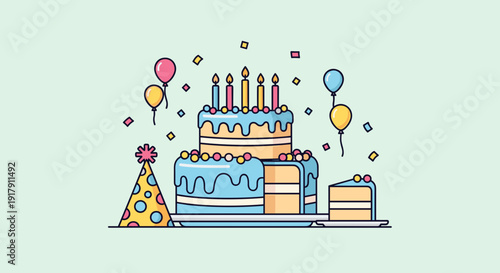 Colorful Birthday Cake with Candles and Balloons.