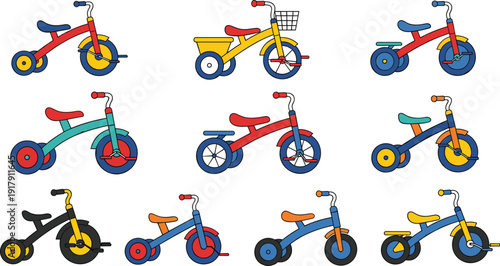 Kids Tricycle and Balance Bike Icon Set with Colorful Children Bicycle Designs for Playtime, Learning, and Early Riding Vector Illustrations