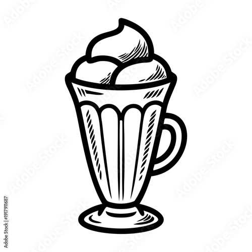 Dibujo sencillo con líneas de una copa de cristal con 3 bolas de helado