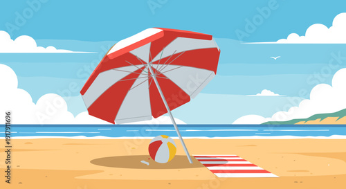 Red and White Striped Beach Umbrella.