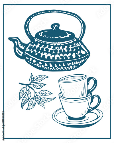 Hand drawn vector illustration of tea pot and cup of tea, perfect for invitations, menus, parties. La dolce vita minimalist line art for poster, placard, print, card.
